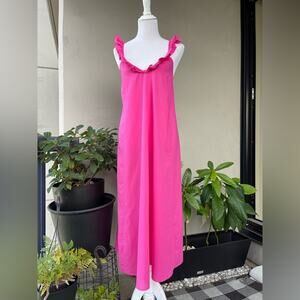 H&M Slightly Sheer Maxi Dress with Ruffle Shoulder Straps in Fuchsia/Hot Pink, S